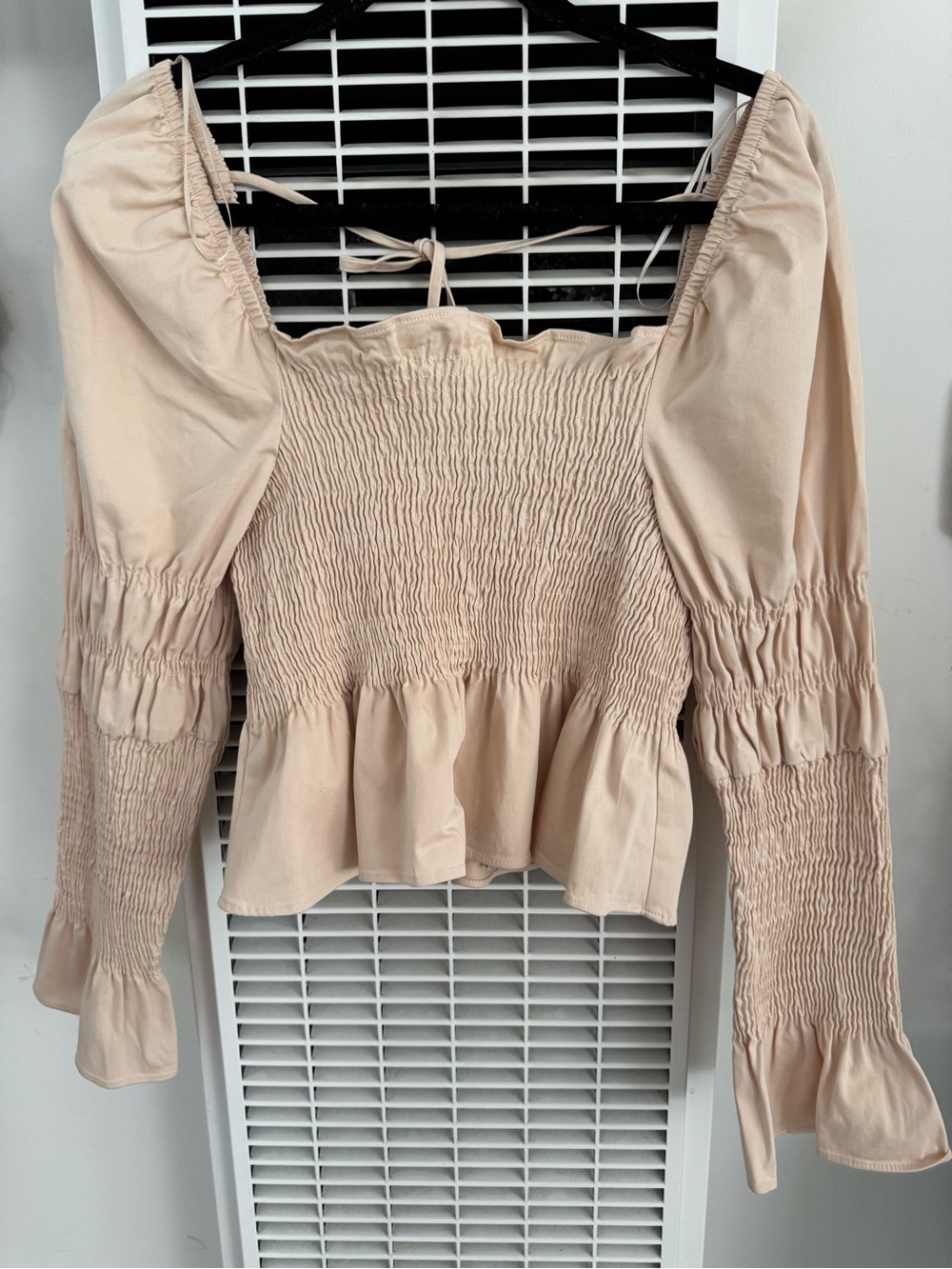 TOPSHOP- Smocked Peplum Long-Sleeve Top - Beige